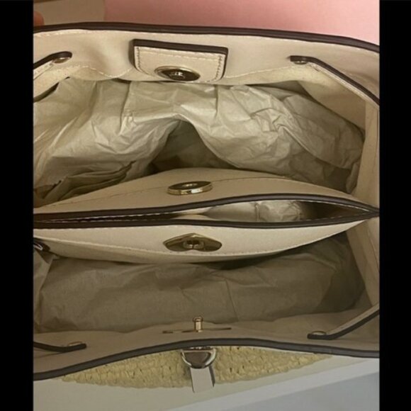 Kate Spade Marti Straw Mixed Media Small Bucket Bag Parchment Multi - Picture 9 of 14